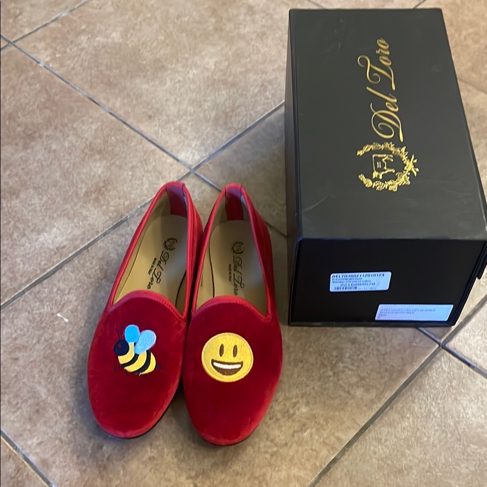 Del Toro Red Velvet Loafers with Fun Embroidery- Bee Mine Emojis